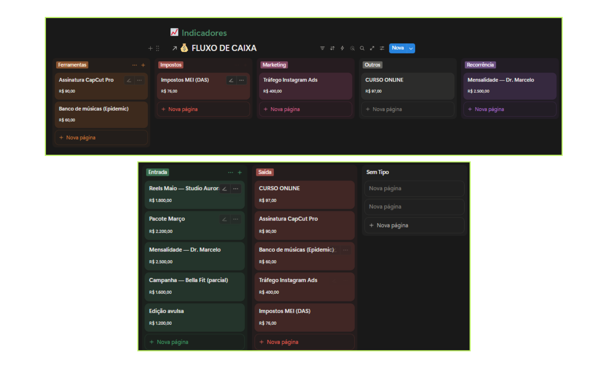 Fluxo de Caixa e Dashboard no Notion